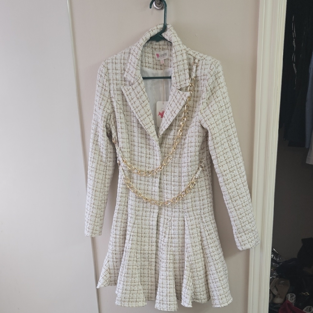 L'ATISTE White Tweed Dress with Gold Accents